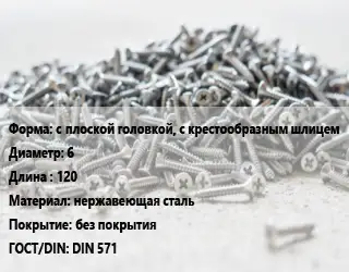 Шуруп с плоской головкой, с крестообразным шлицем 6х120 нержавеющая сталь без покрытия ГОСТ: DIN 571